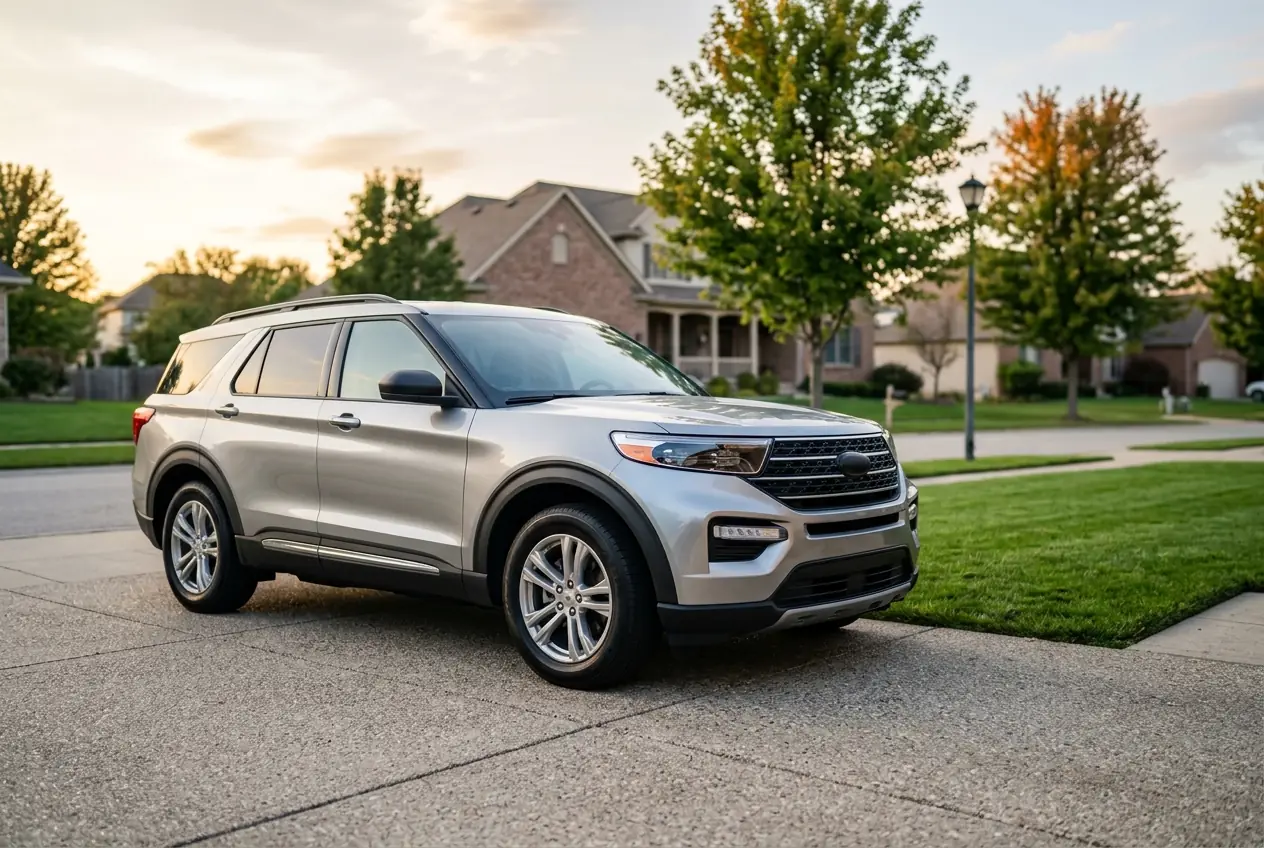 Modern SUV parked on a suburban driveway at golden hour